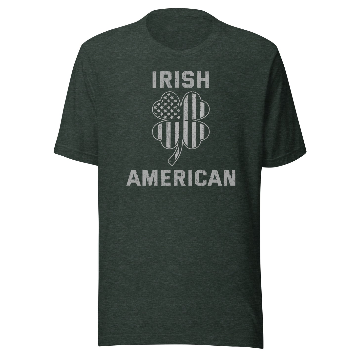 St. Pattys Day tee featuring the words Irish American in bold font with a clover leaf. The clover has an American Flag silhouette within it. Shirt color is forest green.