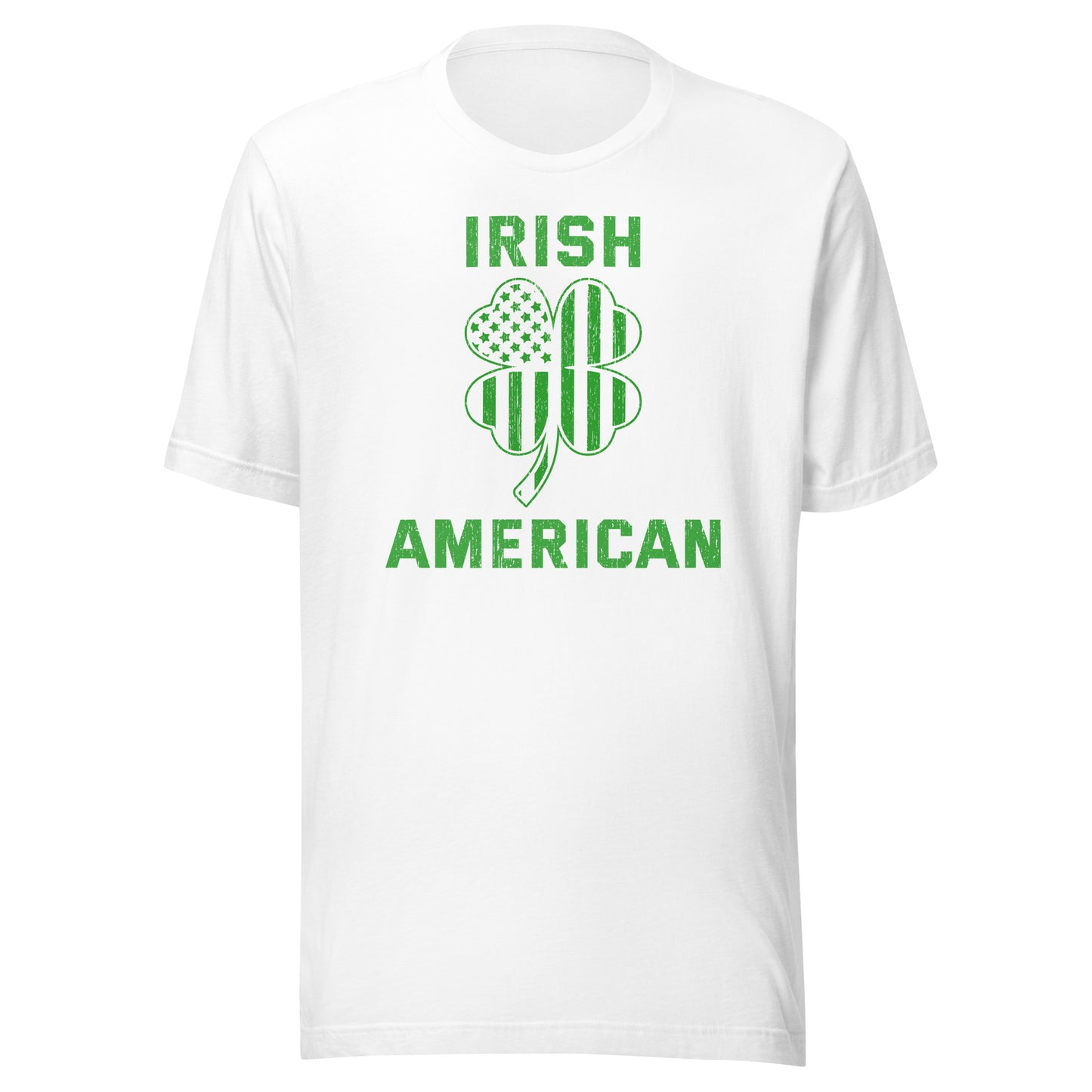 St. Pattys Day tee featuring the words Irish American in bold font with a clover leaf. The clover has an American Flag silhouette within it. Shirt color is white..
