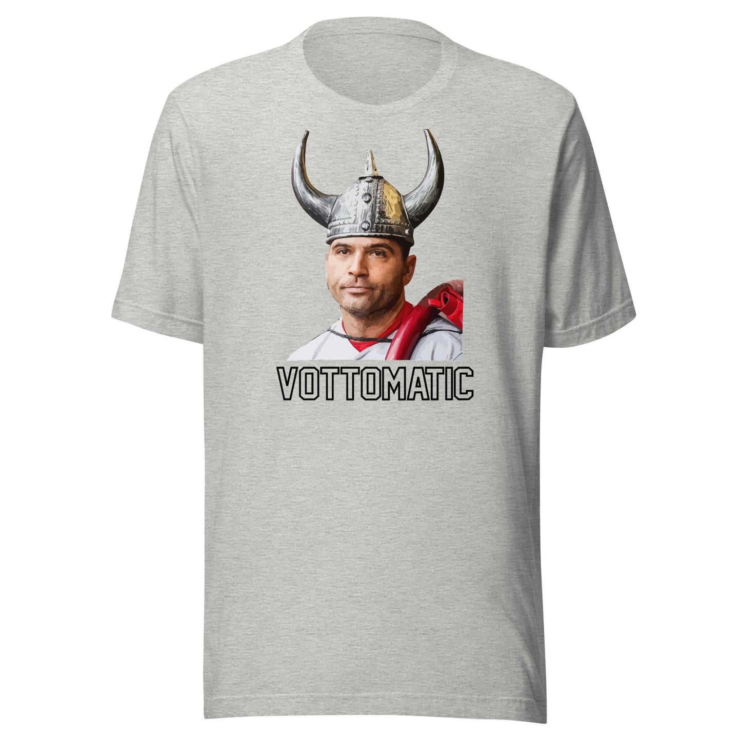 Joey Votto wearing viking helmet with "Vottomatic" in text below. Color is  heather gray.