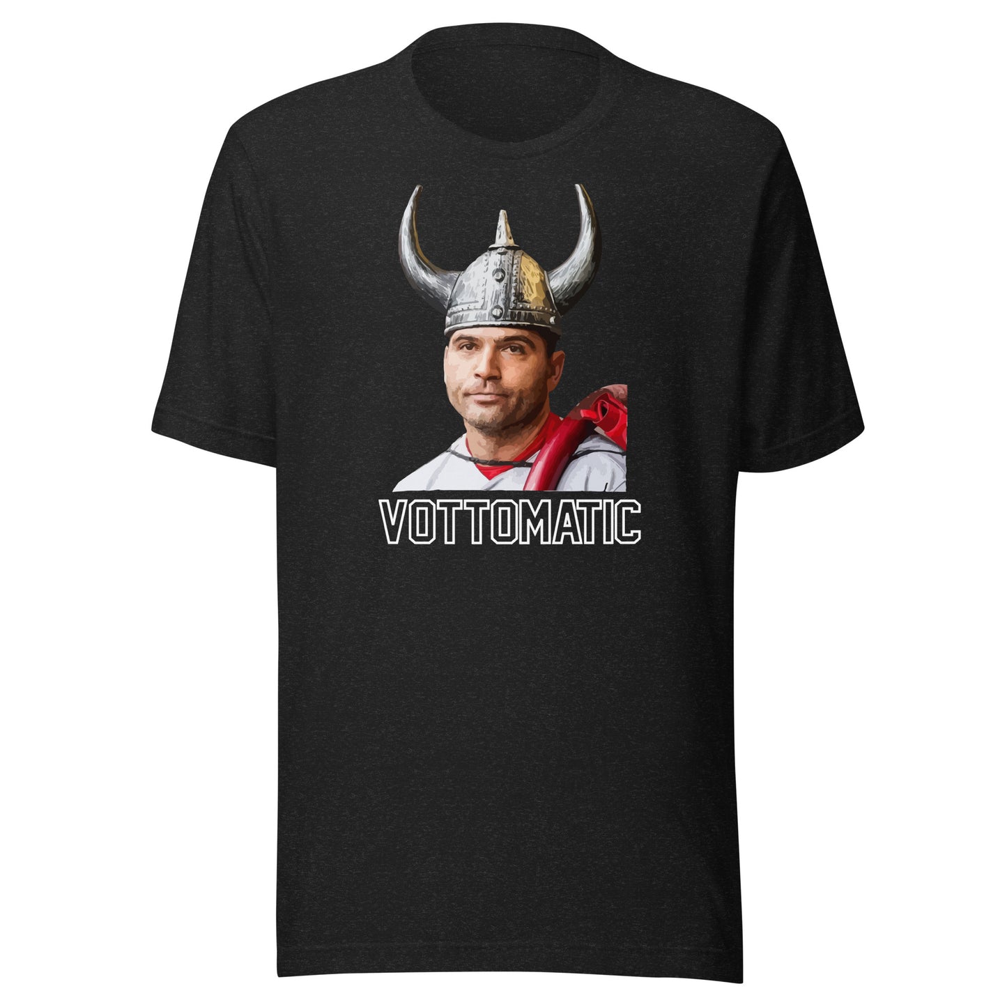 Joey Votto wearing viking helmet with "Vottomatic" in text below. Color is heather black..