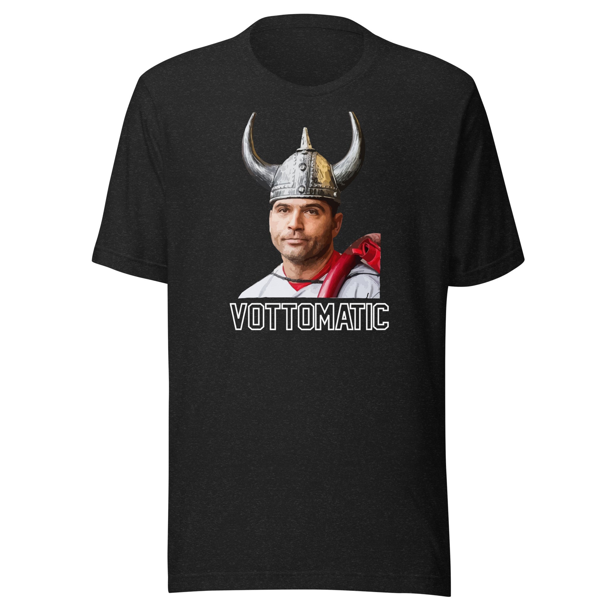 Joey Votto wearing viking helmet with "Vottomatic" in text below. Color is heather black..