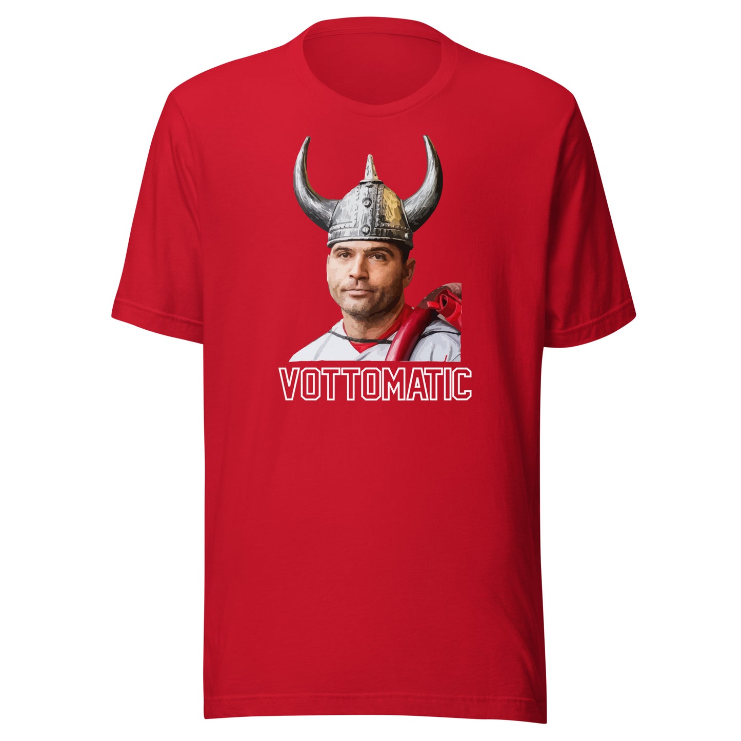 Joey Votto wearing viking helmet with "Vottomatic" in text below. Color is red.