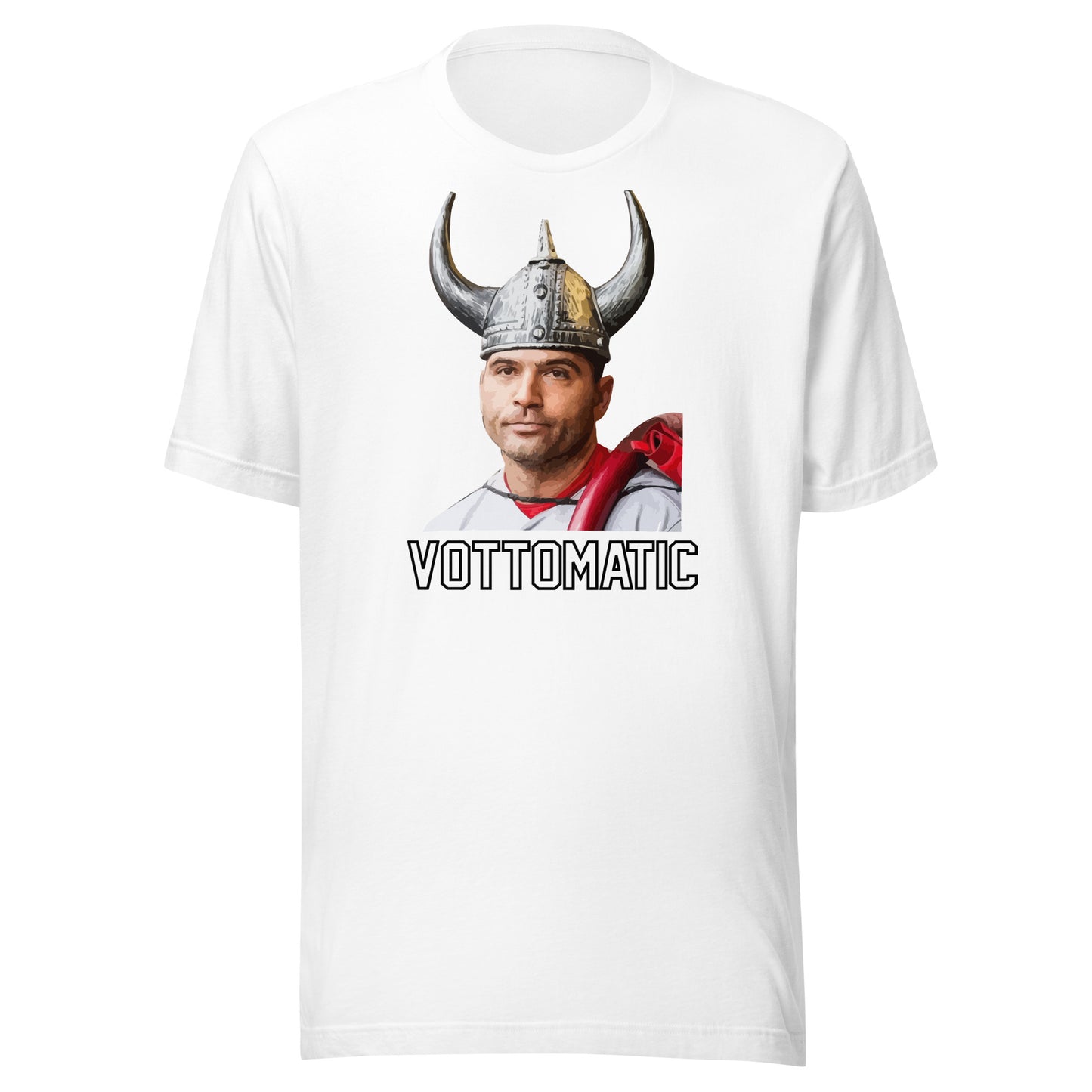 Joey Votto wearing viking helmet with "Vottomatic" in text below. Color is white..