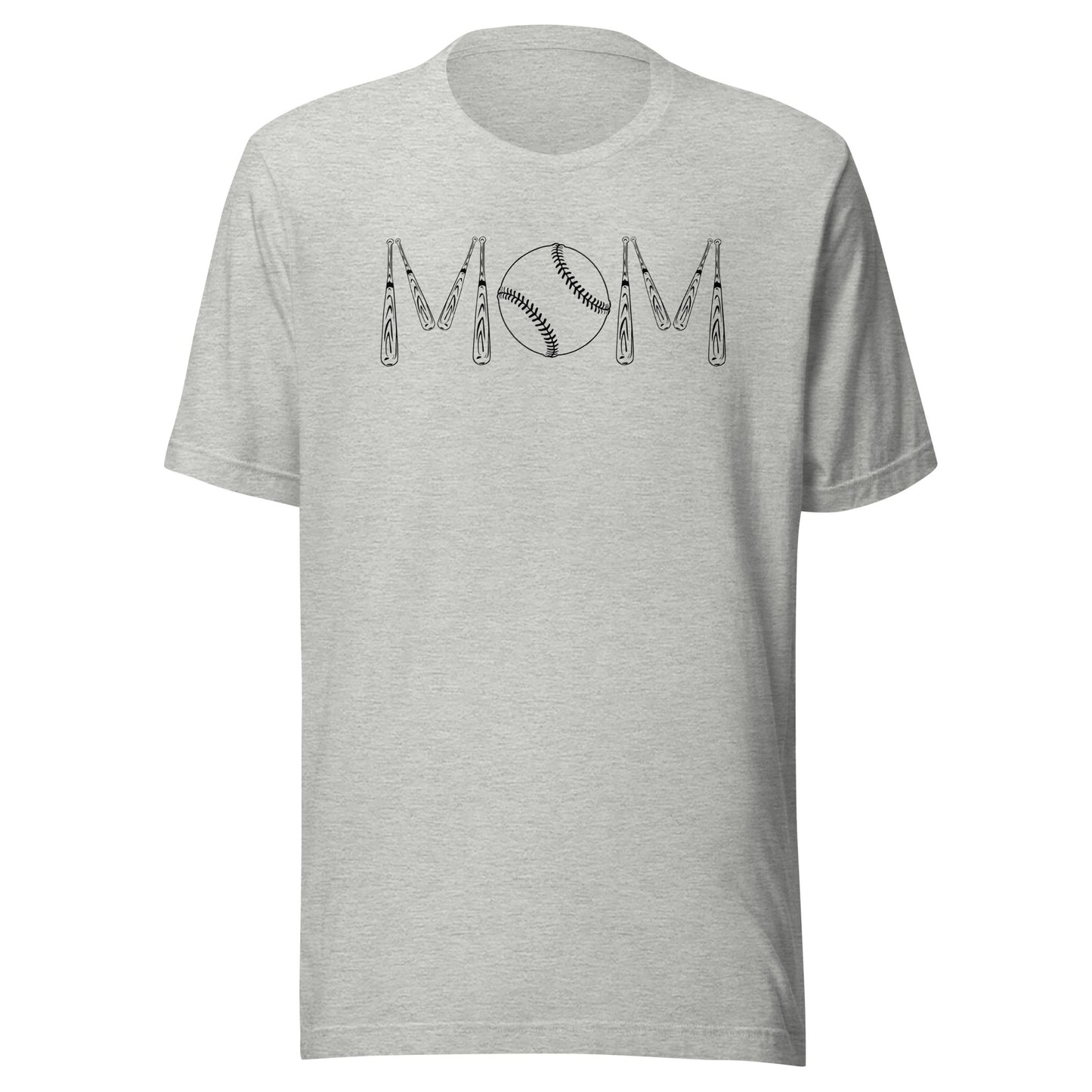 Baseball bats and a baseball spell out the word mom. Color of t-shirt is heather gray.