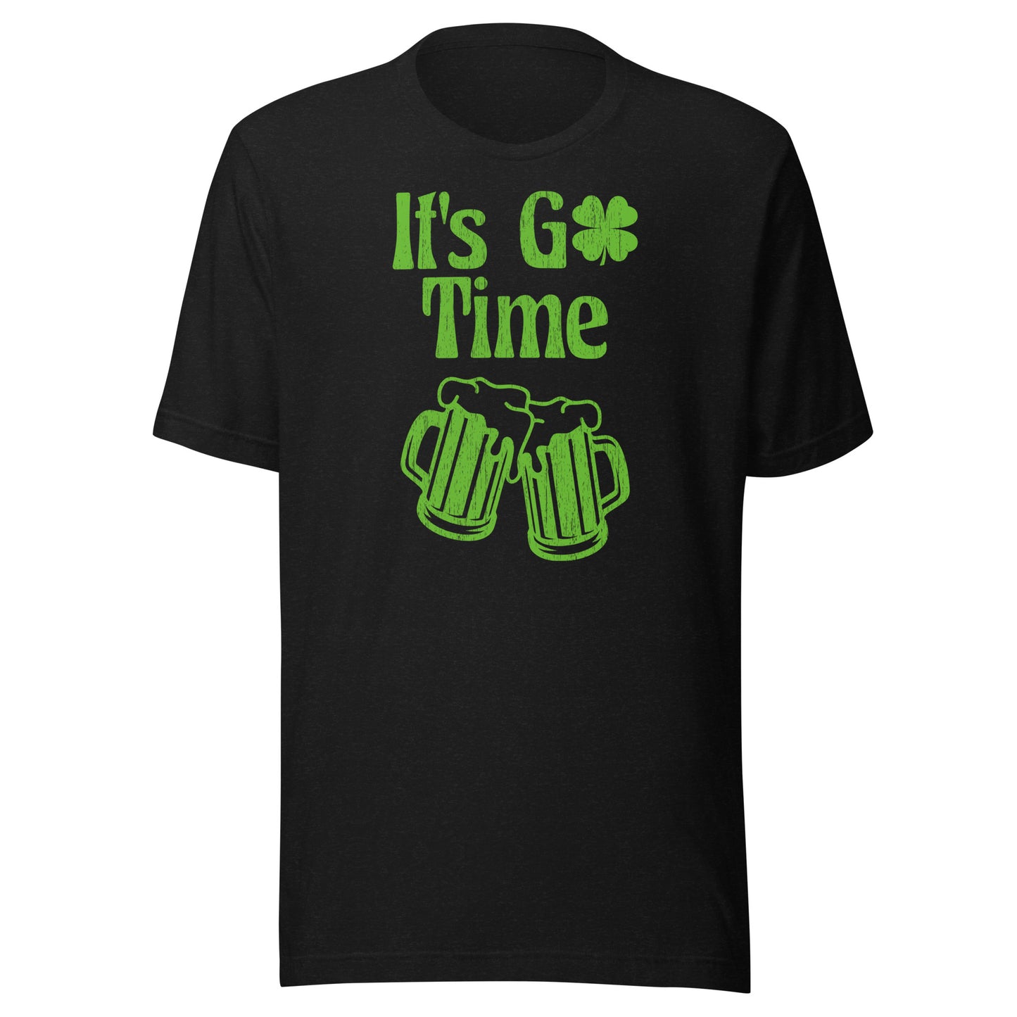 Our super soft, black St. Patty's day tee featuring "It's Go Time" clover logo over two glasses for beer in a cheers position.