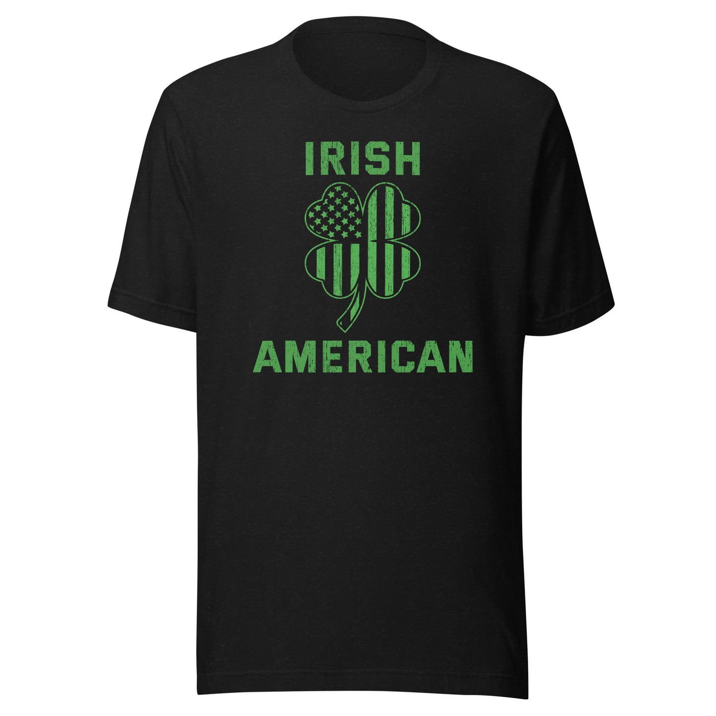 St. Pattys Day tee featuring the words Irish American in bold font with a clover leaf.  The clover has an American Flag silhouette within it. Shirt color is black..