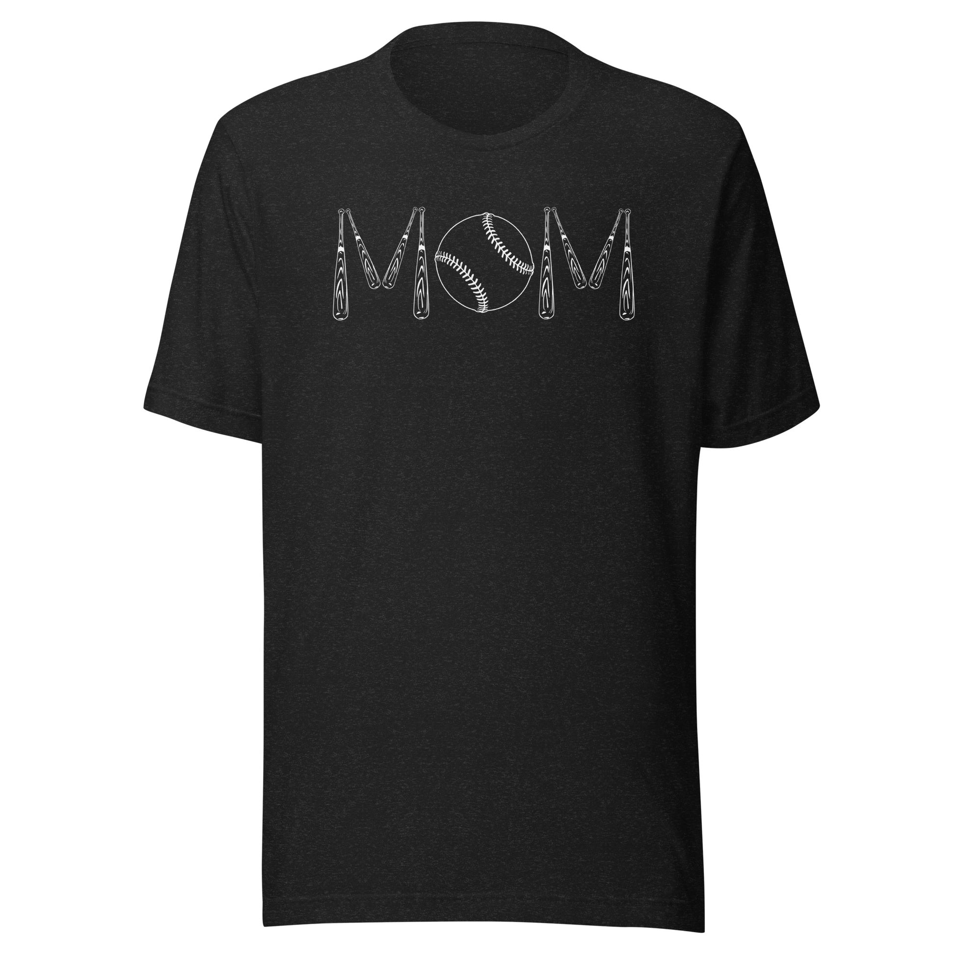 Baseball bats and a baseball spell out the word mom. Color of t-shirt is heather black.