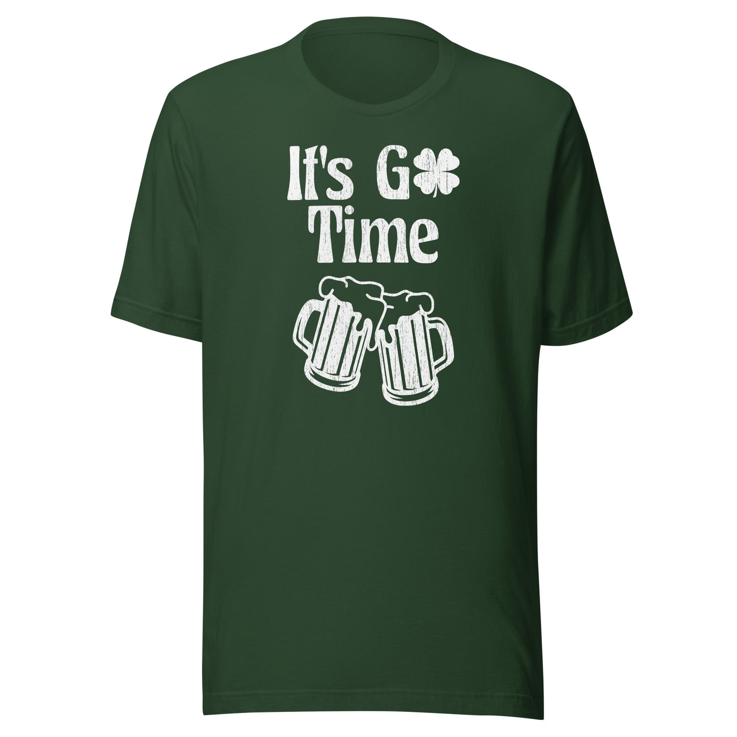 Our super soft, forest green St. Patty's day tee featuring "It's Go Time" clover logo over two glasses for beer in a cheers position.