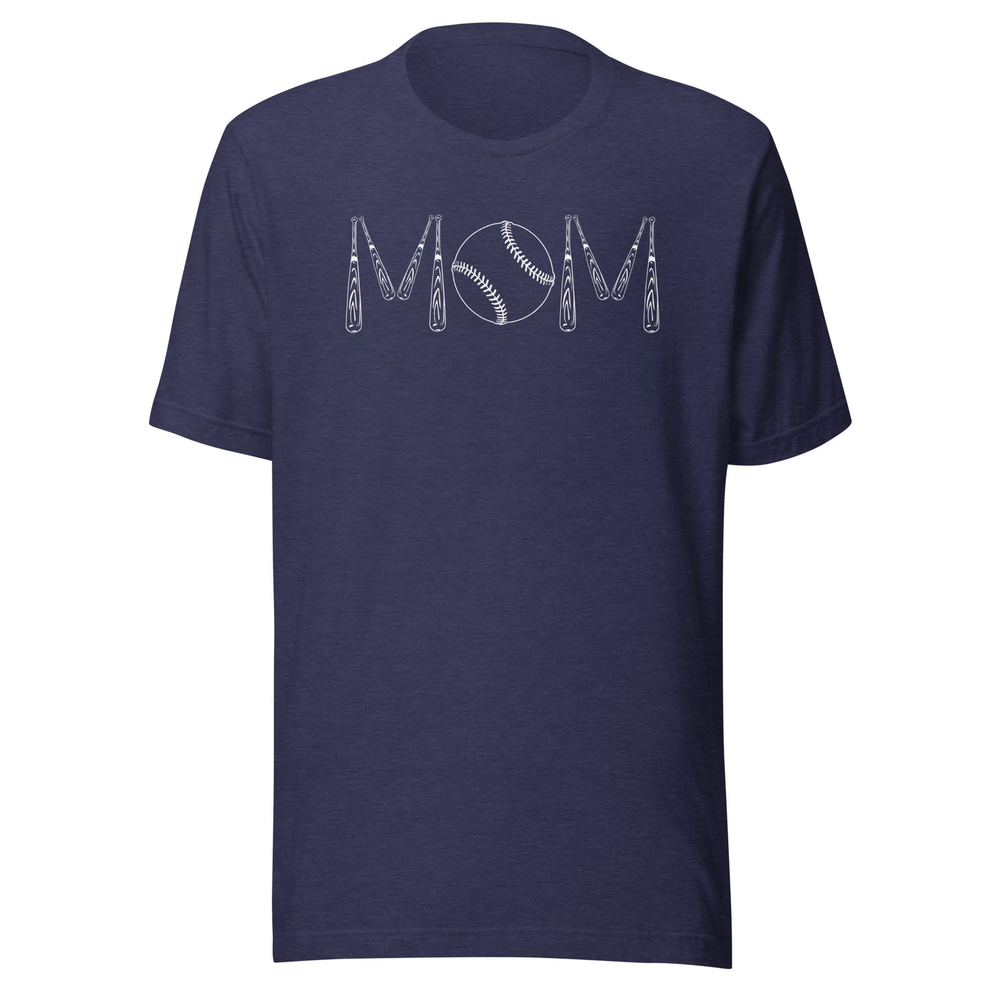 Baseball bats and a baseball spell out the word mom. Color of t-shirt is heather navy blue.