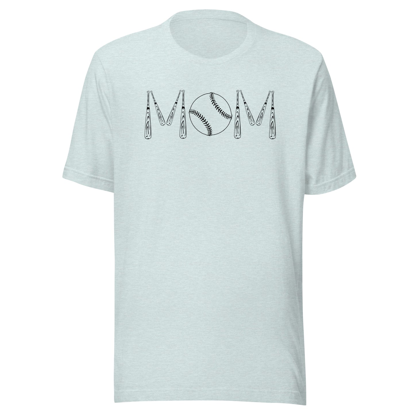 Baseball bats and a baseball spell out the word mom. Color of t-shirt is heather ice blue.