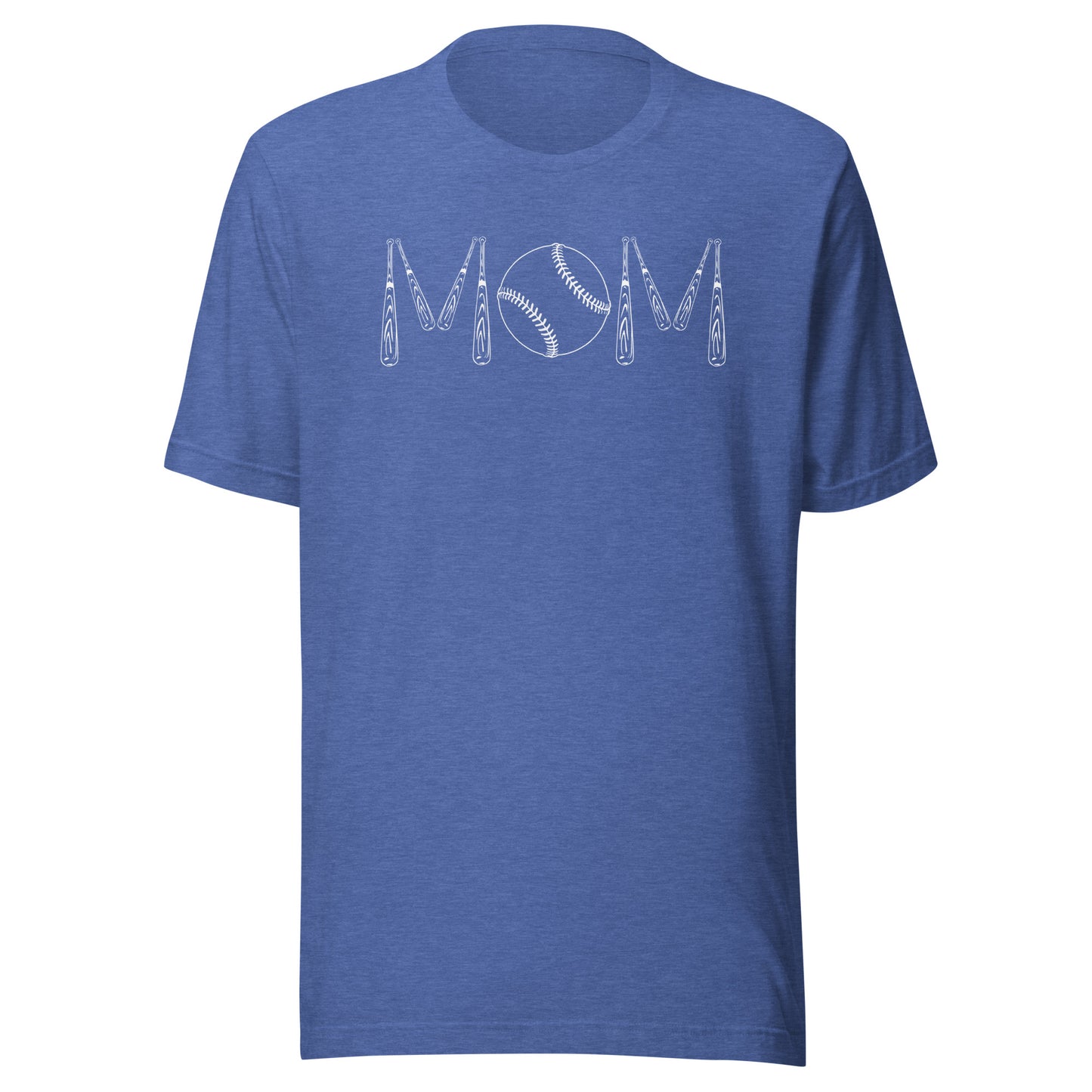 Baseball bats and a baseball spell out the word mom. Color of t-shirt is royal heather blue.