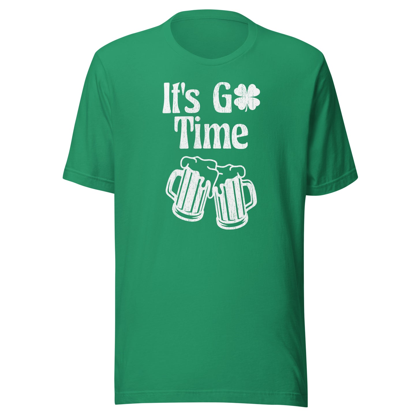 Our super soft,kelly green St. Patty's day tee featuring "It's Go Time" clover logo over two glasses for beer in a cheers position.