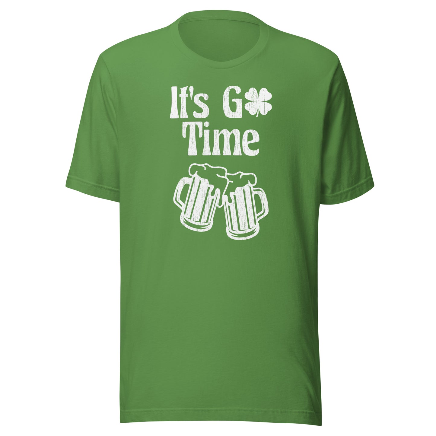 Our super soft, leaf green St. Patty's day tee featuring "It's Go Time" clover logo over two glasses for beer in a cheers position.