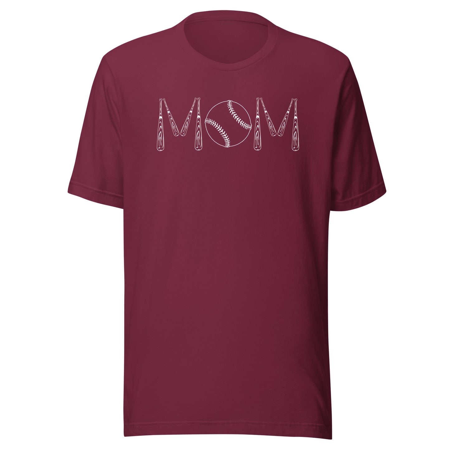 Baseball bats and a baseball spell out the word mom. Color of t-shirt is maroon.