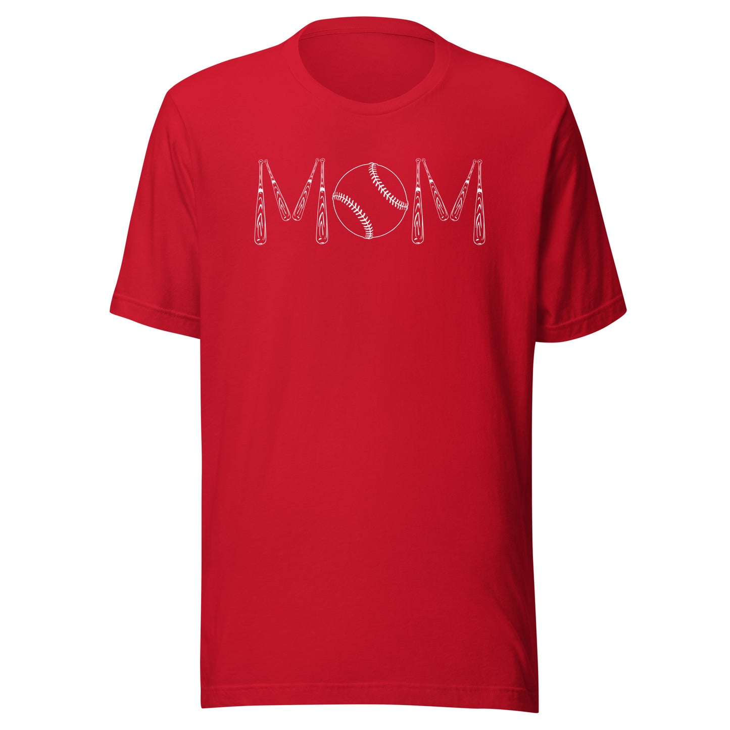 Baseball bats and a baseball spell out the word mom. Color of t-shirt is red.