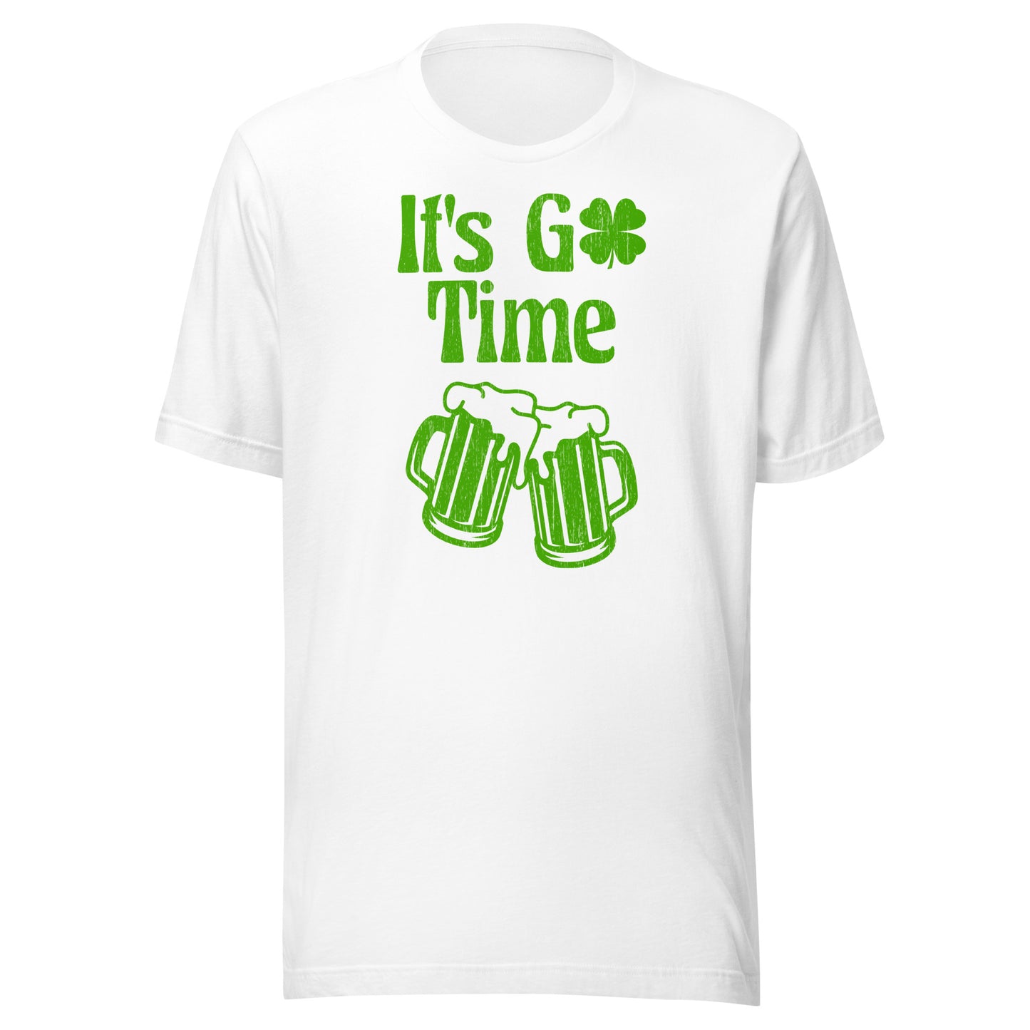 Our super soft, white St. Patty's day tee featuring "It's Go Time" clover logo over two glasses for beer in a cheers position.